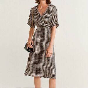 NWT Mango Mondrian Black and Tan Satin Bias Striped Midi Dress 6
